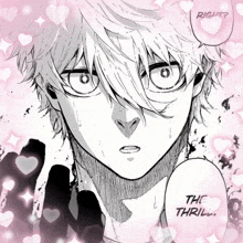 a black and white drawing of a boy with the words right the thrill