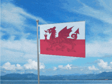 a red and white flag with a dragon on it flies in the wind
