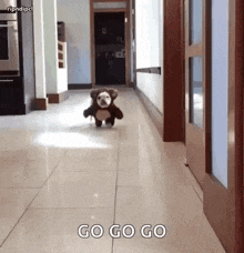 a dog wearing a teddy bear costume is running down a tiled hallway .