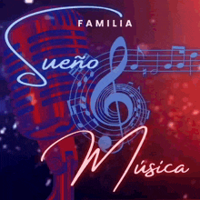 a microphone is surrounded by musical notes and the words familia