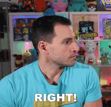 a man in a blue shirt is standing in front of a shelf full of stuffed animals and says right !