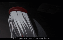 a picture of a girl with long white hair and the words " i 'll protect you from any harm " below her