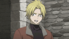 a man with yellow hair and a brown jacket is standing in front of a stone wall
