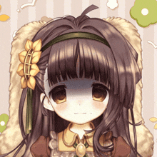 a little girl with a flower in her hair is wearing a headband