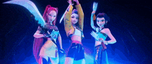 three cartoon girls are standing next to each other on a stage holding knives .