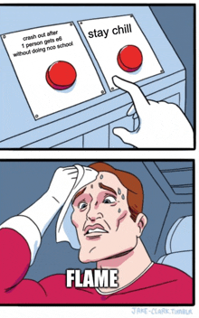 a cartoon of a man pressing a red button that says stay chill