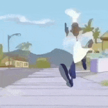 a cartoon character is running down a sidewalk while holding a gun .