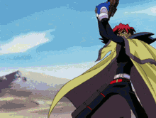 a man in a yellow cape is holding a gun up in the air