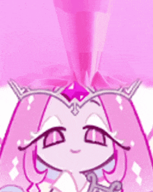 a close up of a cartoon character with pink hair and a crown on her head