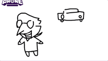 a black and white drawing of a person with glasses standing next to a car that says phone on the bottom