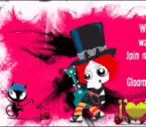 a cartoon character wearing a top hat and holding a blue guitar