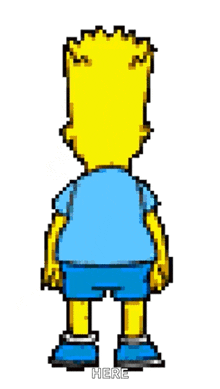 bart simpson is wearing a blue shirt and blue shorts and says here