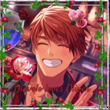 a man with a flower in his hair is smiling and surrounded by flowers .