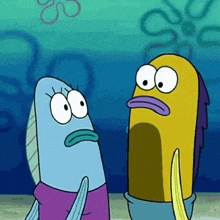 a couple of cartoon characters standing next to each other in the water
