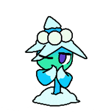 a green and blue cartoon character with purple eyes and a hat