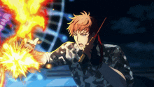 a man in a camouflage shirt is holding a gun and a fireball