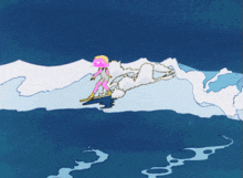 a cartoon drawing of a person on a surfboard in the ocean