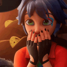 a cartoon character with blue hair and green eyes covering her mouth with her hands