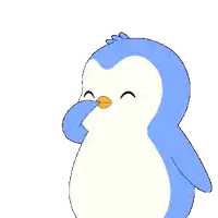 a blue and white penguin is holding a red object in its beak