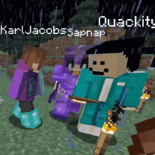 a group of minecraft characters are standing next to each other in the rain