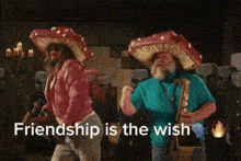 a man and a woman in mushroom hats are dancing with the words friendship is the wish above them .