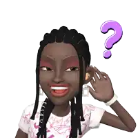 a cartoon girl has a purple question mark above her ear