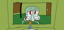 squidward from spongebob squarepants is crying while looking at a television screen .