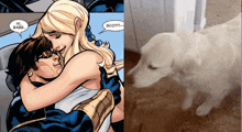 a comic book character is hugging another character and says hi babe