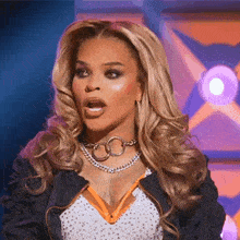 a woman with a surprised look on her face wearing a choker