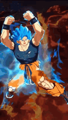 a cartoon character with blue hair is jumping in the air with his arms in the air .