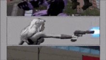 a collage of three pictures of a person holding a gun