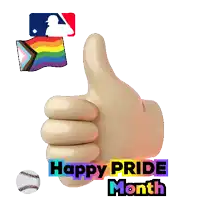 a thumbs up with the words happy pride month written below it