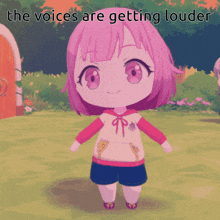 a cartoon girl with pink hair and the words the voices are getting louder on the bottom