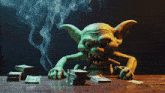 a goblin is smoking a cigarette next to a pile of money