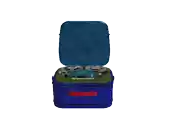 a blue and green suitcase with a tape player inside