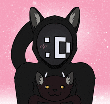a drawing of a person holding a black cat with a face that has the letter c on it