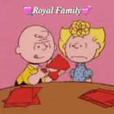 a cartoon of charlie brown giving a piece of paper to a girl