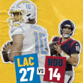 two football players are standing next to each other on a yellow background