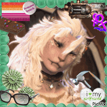 a picture of a woman with a hammer and a button that says " femme bitch "