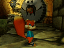 a cartoon squirrel in a blue shirt is standing in front of a large wheel
