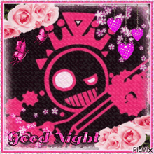 a picture of a skull and roses with the words good night