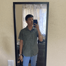 a man taking a picture of himself in a mirror with his phone