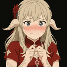 a girl with blonde hair and horns is wearing a red dress