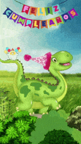 a green dinosaur wearing a pink party hat with balloons and a banner that says feliz cumpleanos