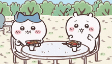 a couple of cartoon characters are sitting at a table eating food