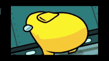 a yellow cartoon character from among us is standing next to a blue wall .