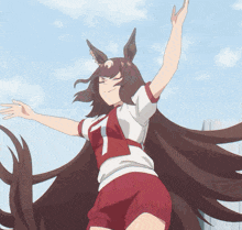 a girl with long brown hair is wearing a red and white uniform