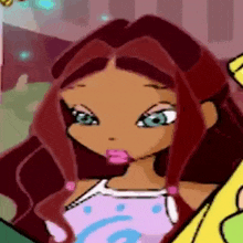 a close up of a cartoon girl with long red hair and blue eyes .
