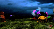 a bunch of stuffed animals are laying in the grass with a maple leaf on the bottom right
