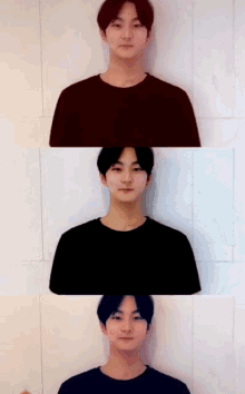 a young man wearing a black shirt is shown in three different angles